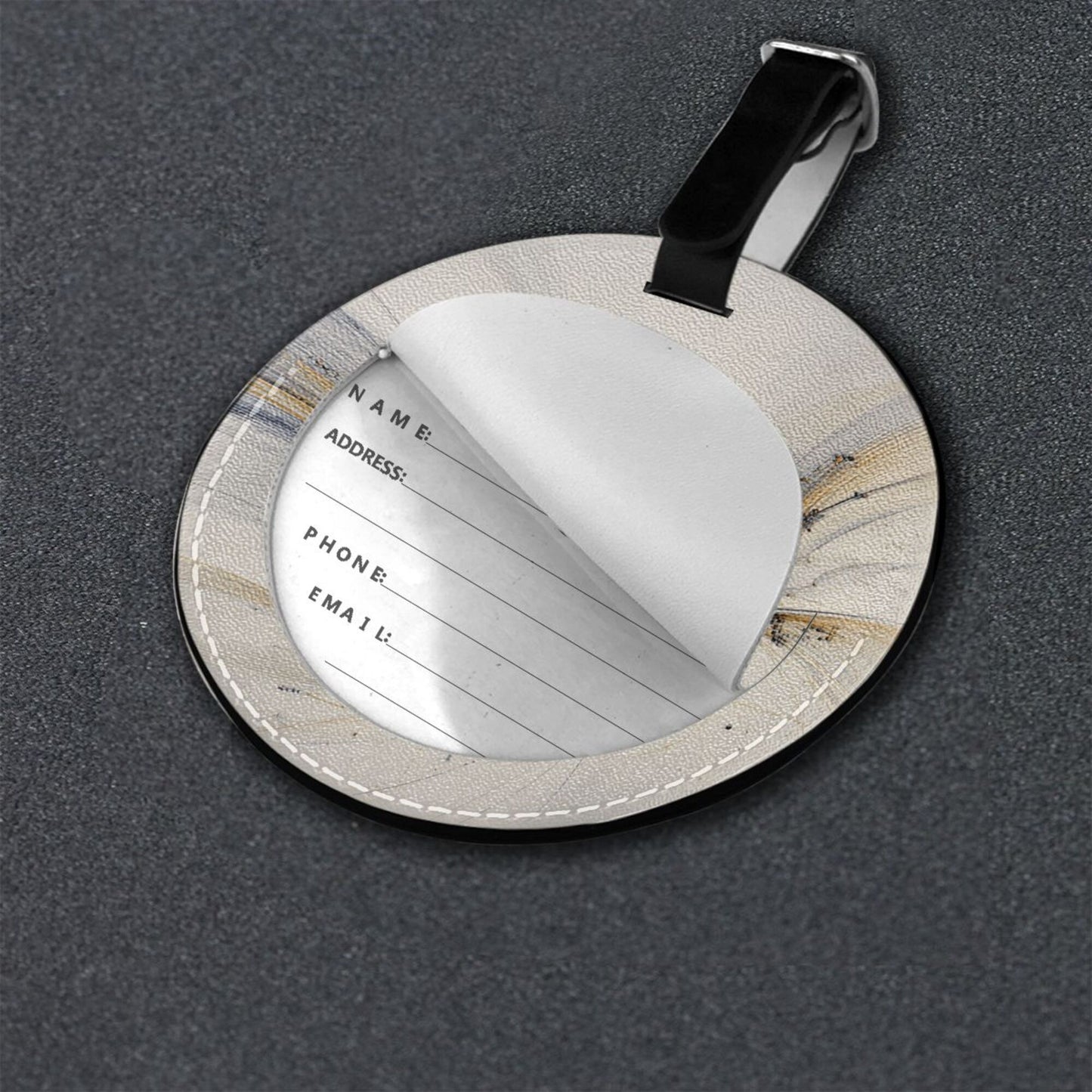 Premium Round Leather Luggage Tag – Abstract Black & Gold Flow Design Travel Bag Identifier with Privacy Info Card