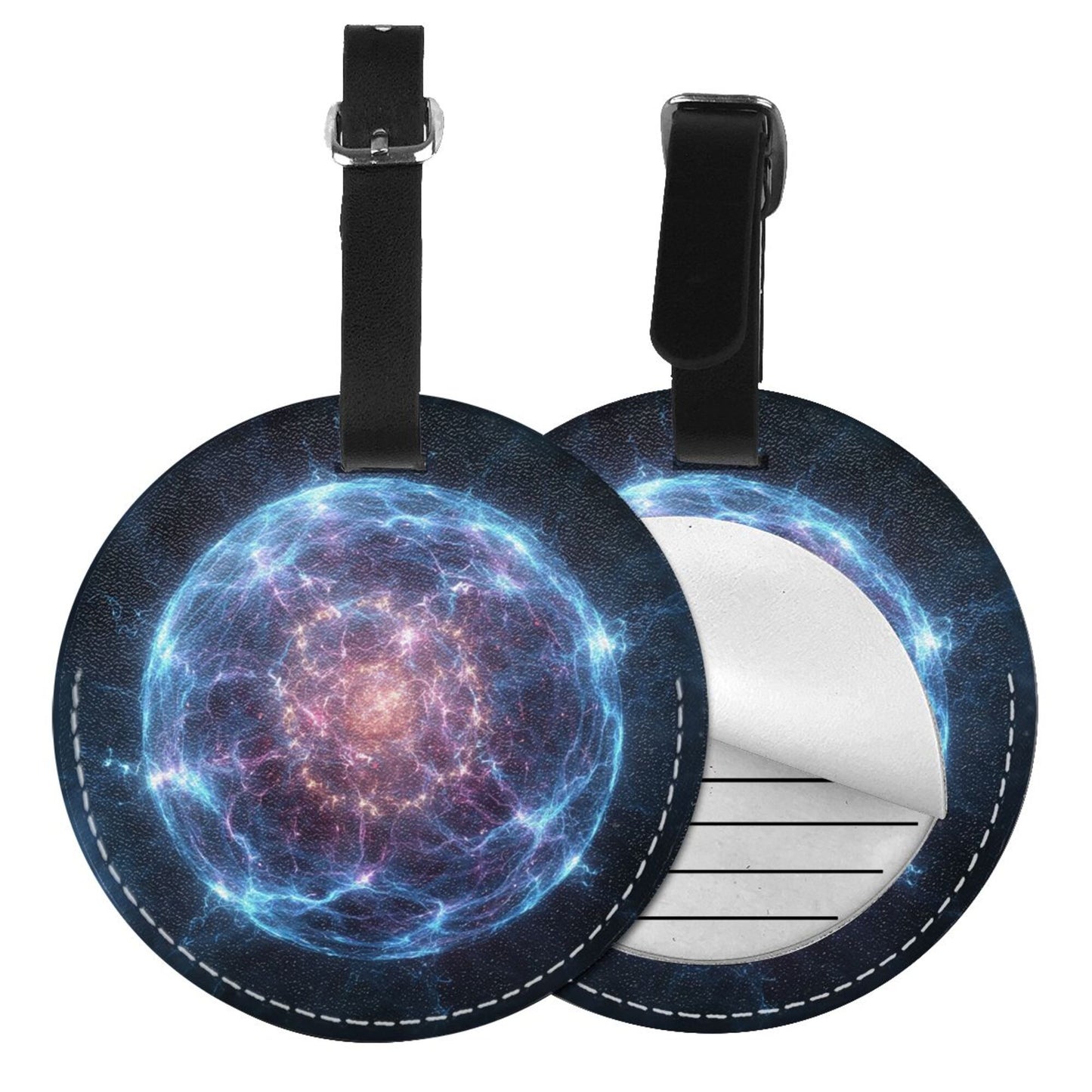 Round Leather Luggage Tag with Cosmic Energy Pattern Travel Suitcase Bag Tag with Privacy Card, 3.7in/9.8cm