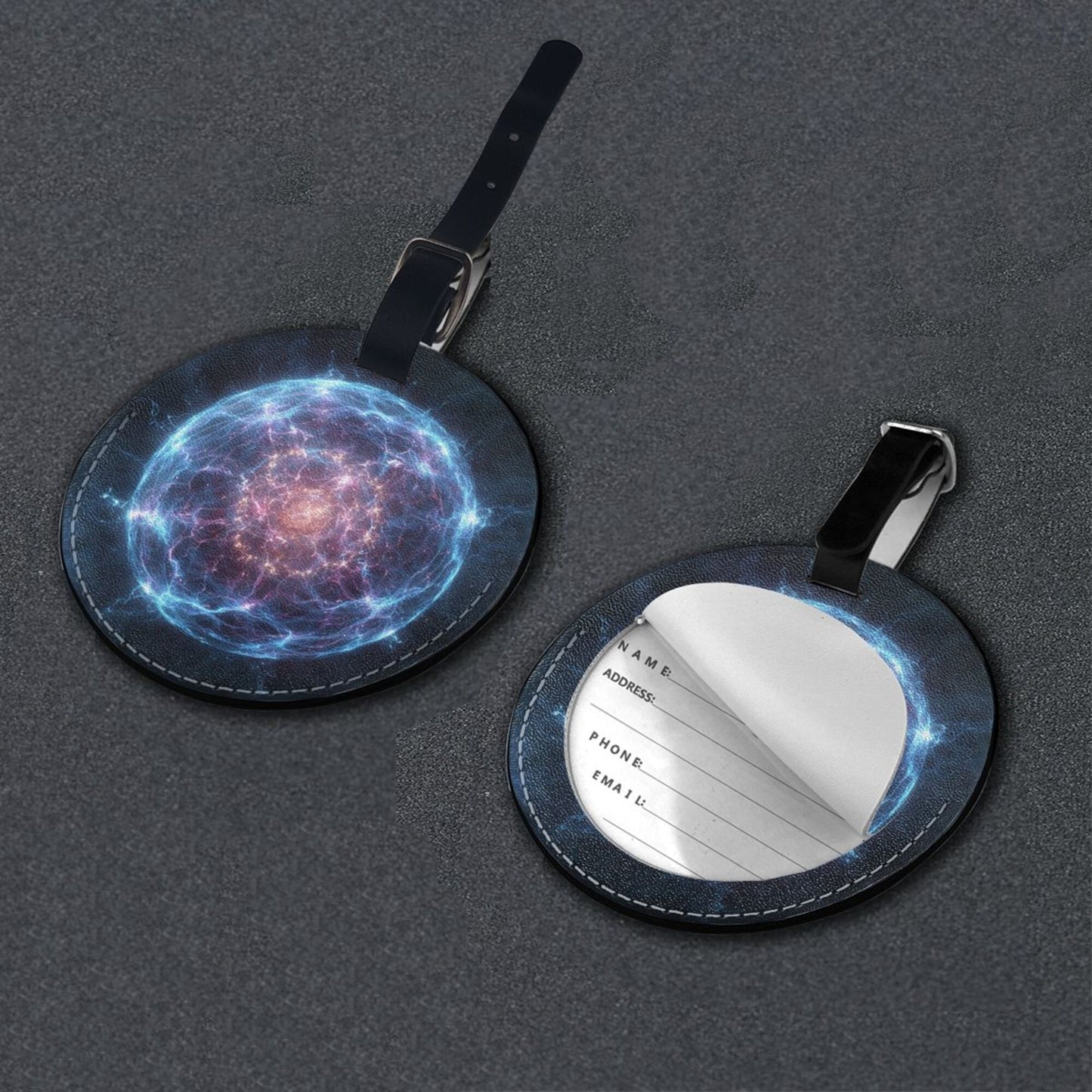 Round Leather Luggage Tag with Cosmic Energy Pattern Travel Suitcase Bag Tag with Privacy Card, 3.7in/9.8cm