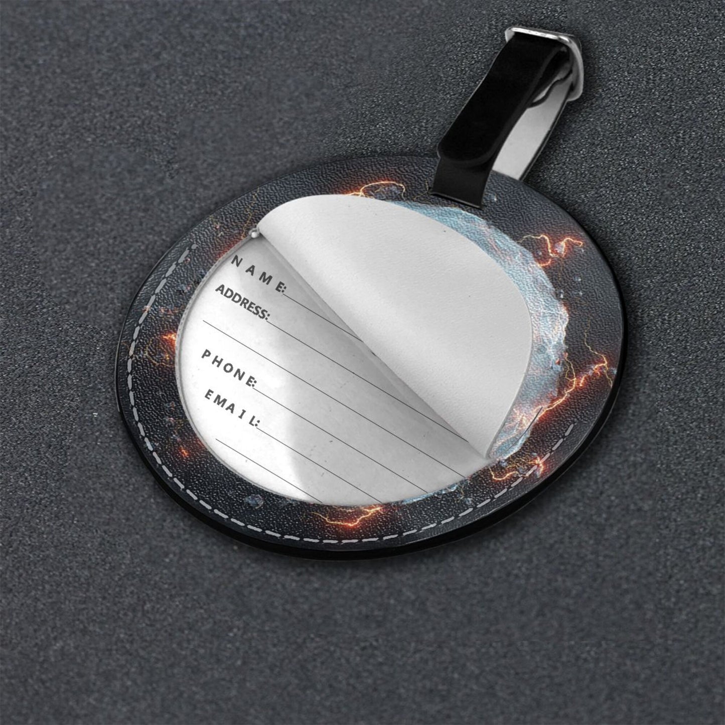 Round Leather Luggage Tag with Energy Vortex Design – Travel Bag Identifier with Privacy Card – 3.7in / 9.8cm