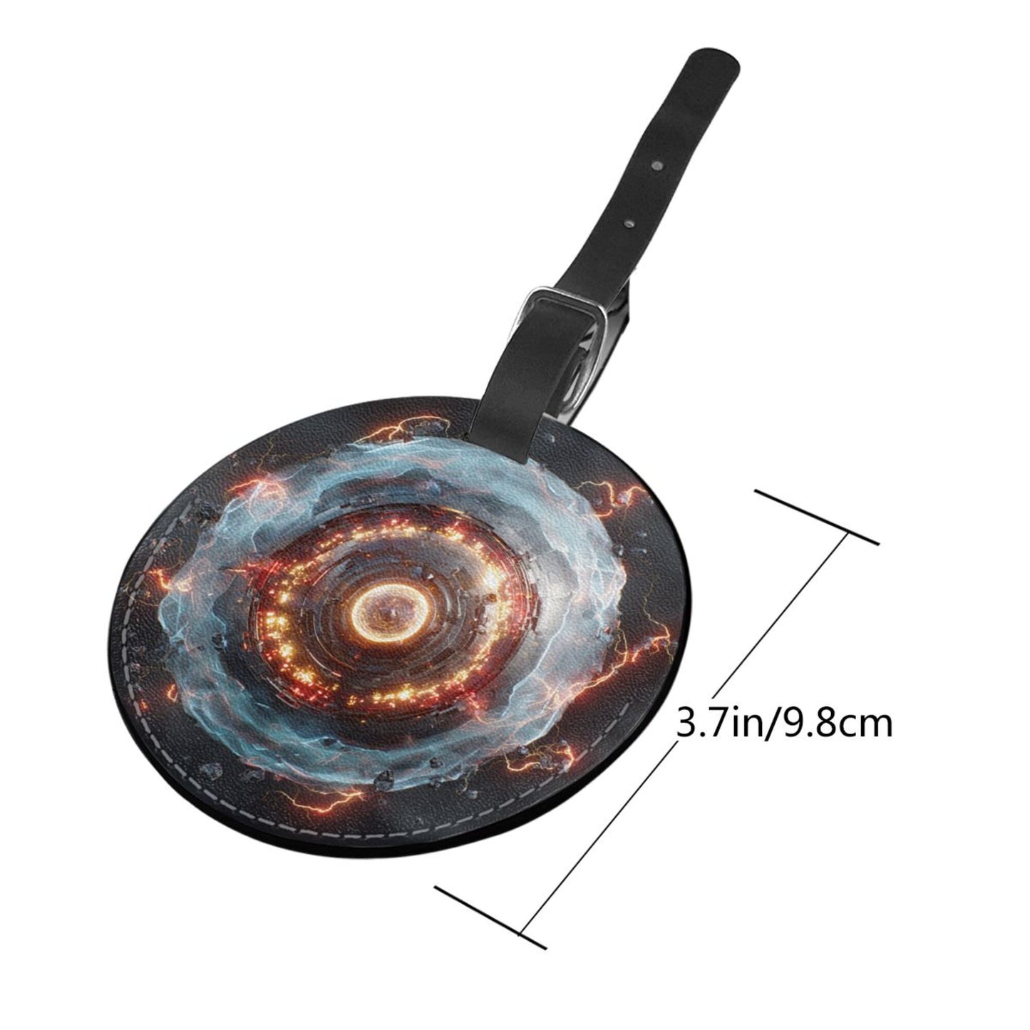 Round Leather Luggage Tag with Energy Vortex Design – Travel Bag Identifier with Privacy Card – 3.7in / 9.8cm