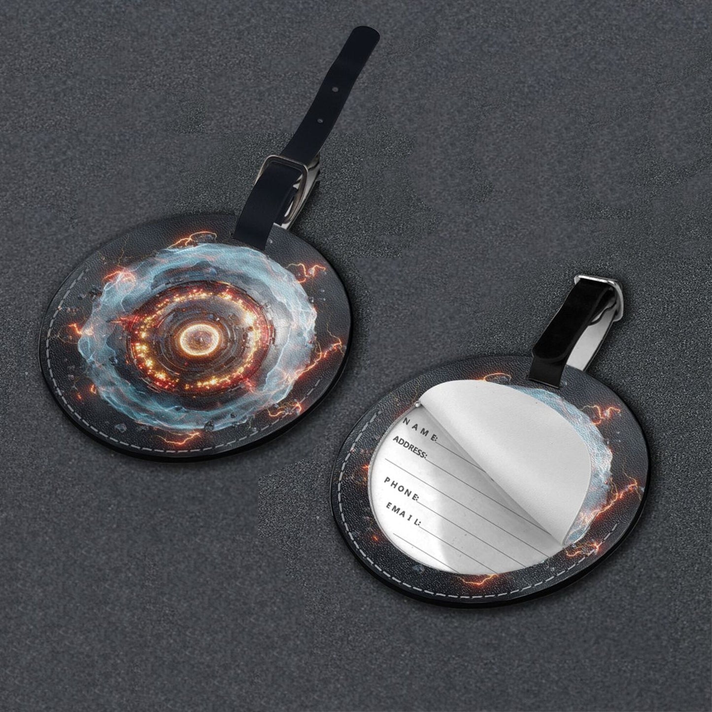 Round Leather Luggage Tag with Energy Vortex Design – Travel Bag Identifier with Privacy Card – 3.7in / 9.8cm