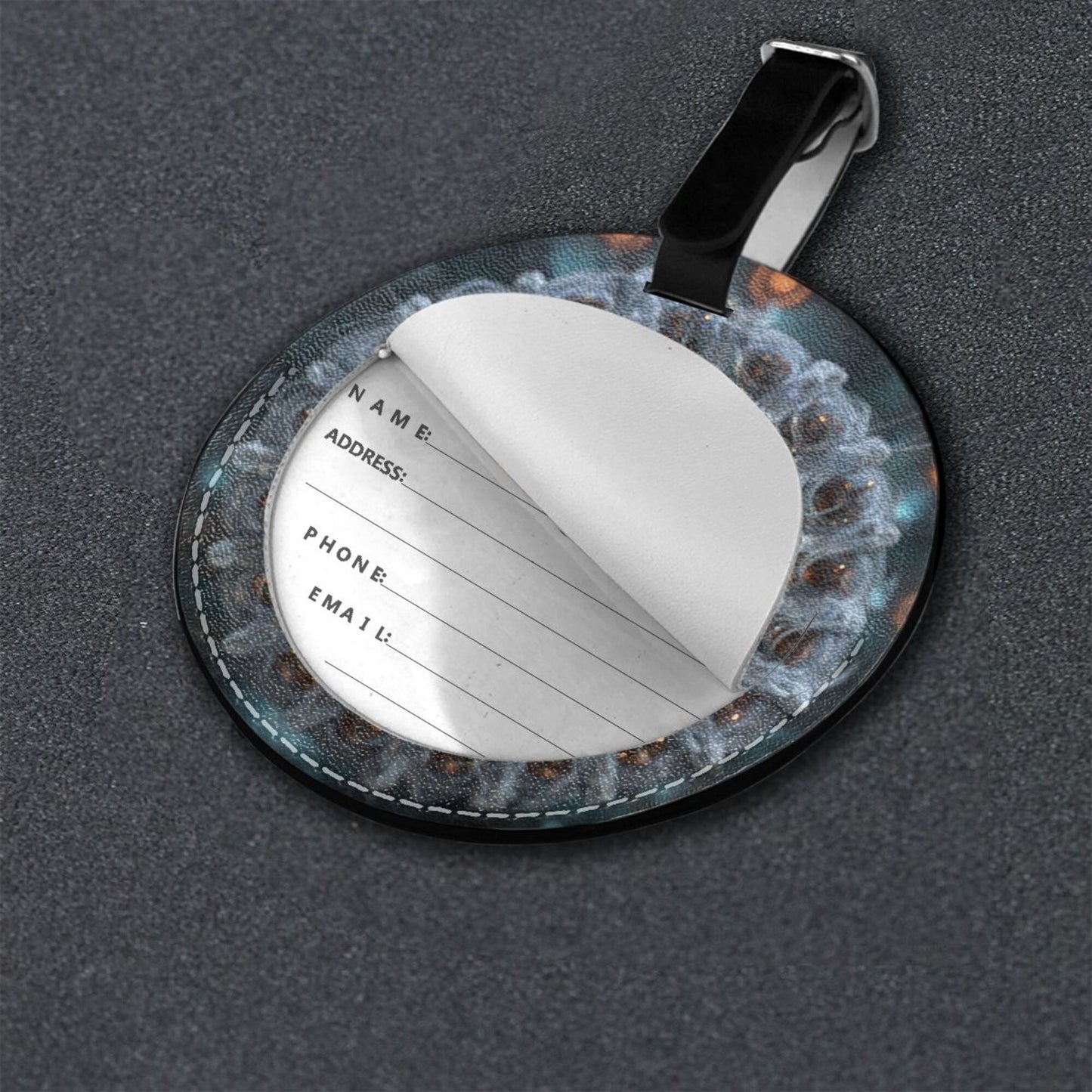 Round Leather Luggage Tag with Mandala Energy Design – Travel Suitcase Identifier with Privacy Card – 3.7in / 9.8cm Artistic Accessory