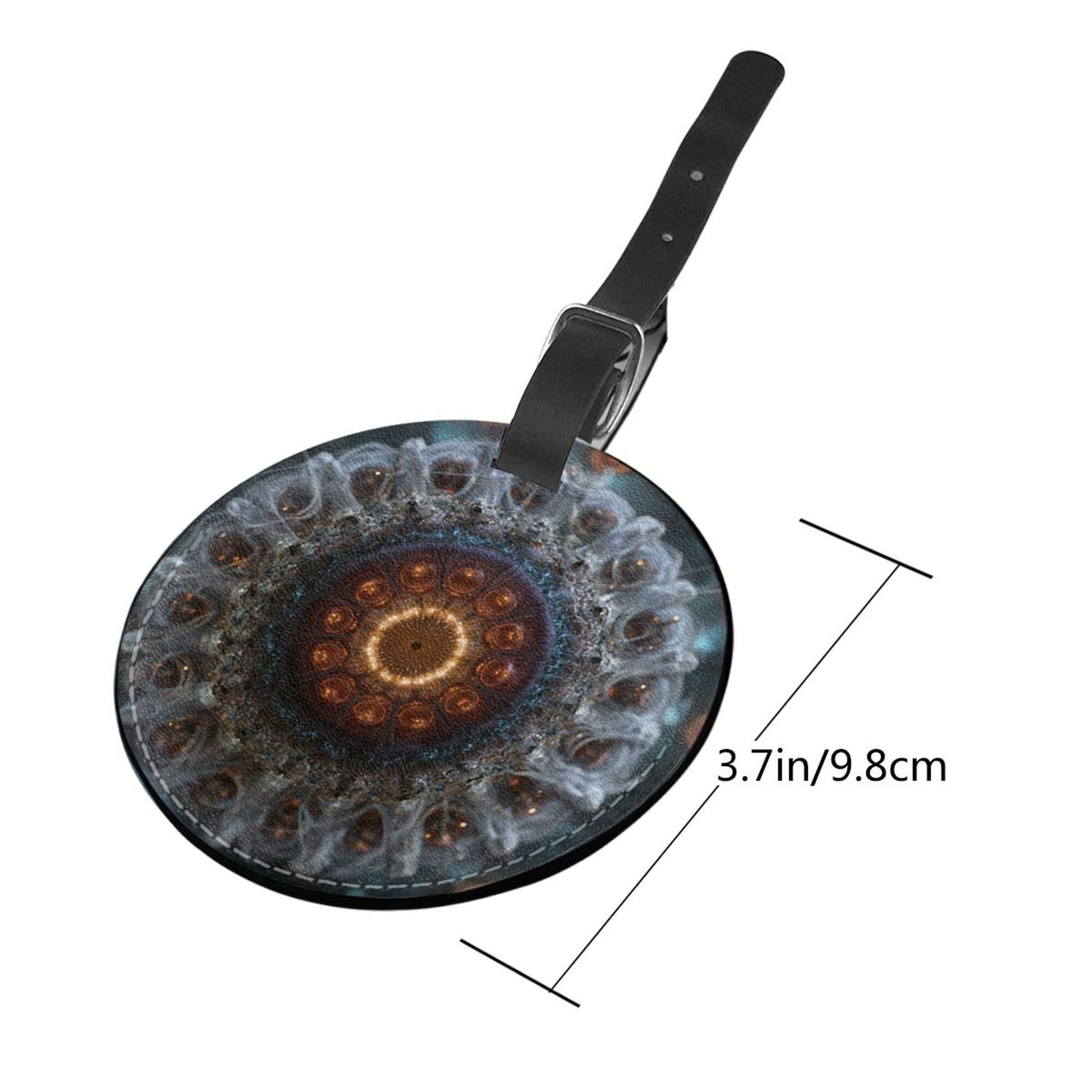 Round Leather Luggage Tag with Mandala Energy Design – Travel Suitcase Identifier with Privacy Card – 3.7in / 9.8cm Artistic Accessory