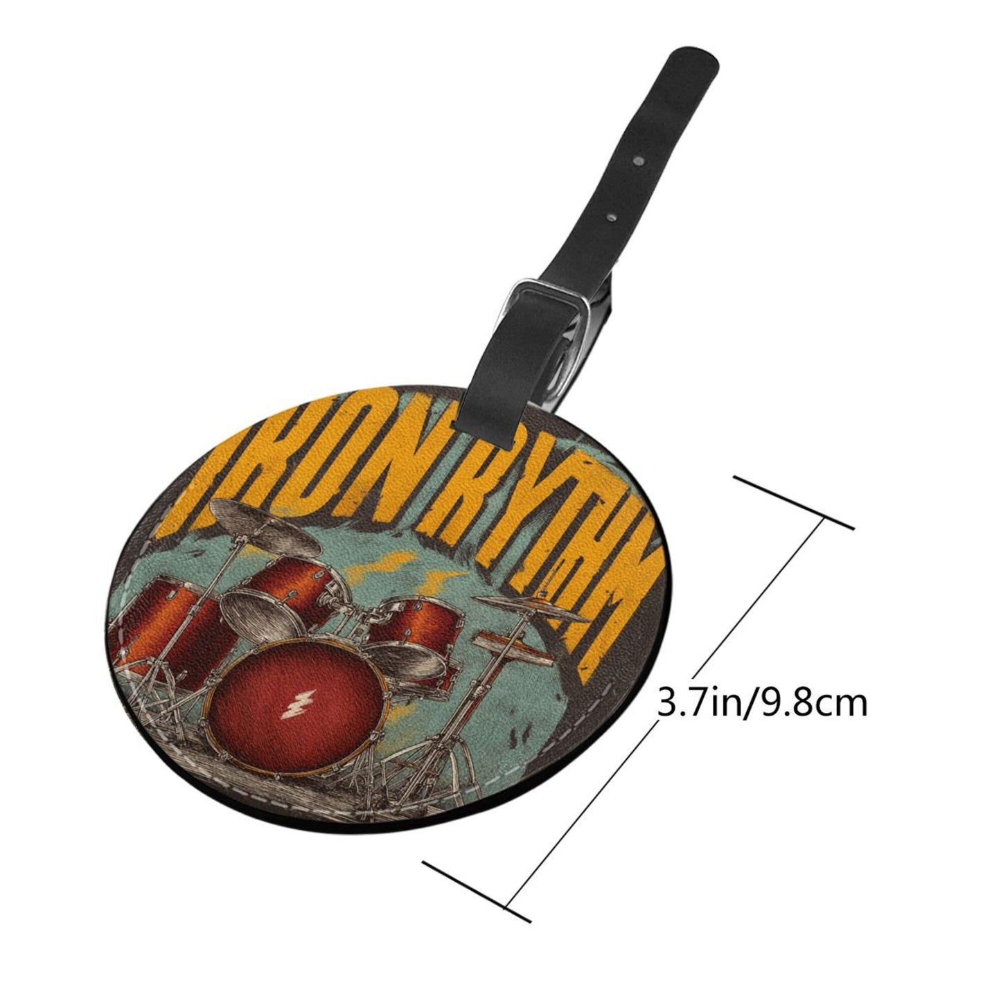 Round Leather Luggage Tag with Rock Drum Set Design – Travel Bag Identifier with Privacy Card – 3.7in / 9.8cm Vintage Music Style