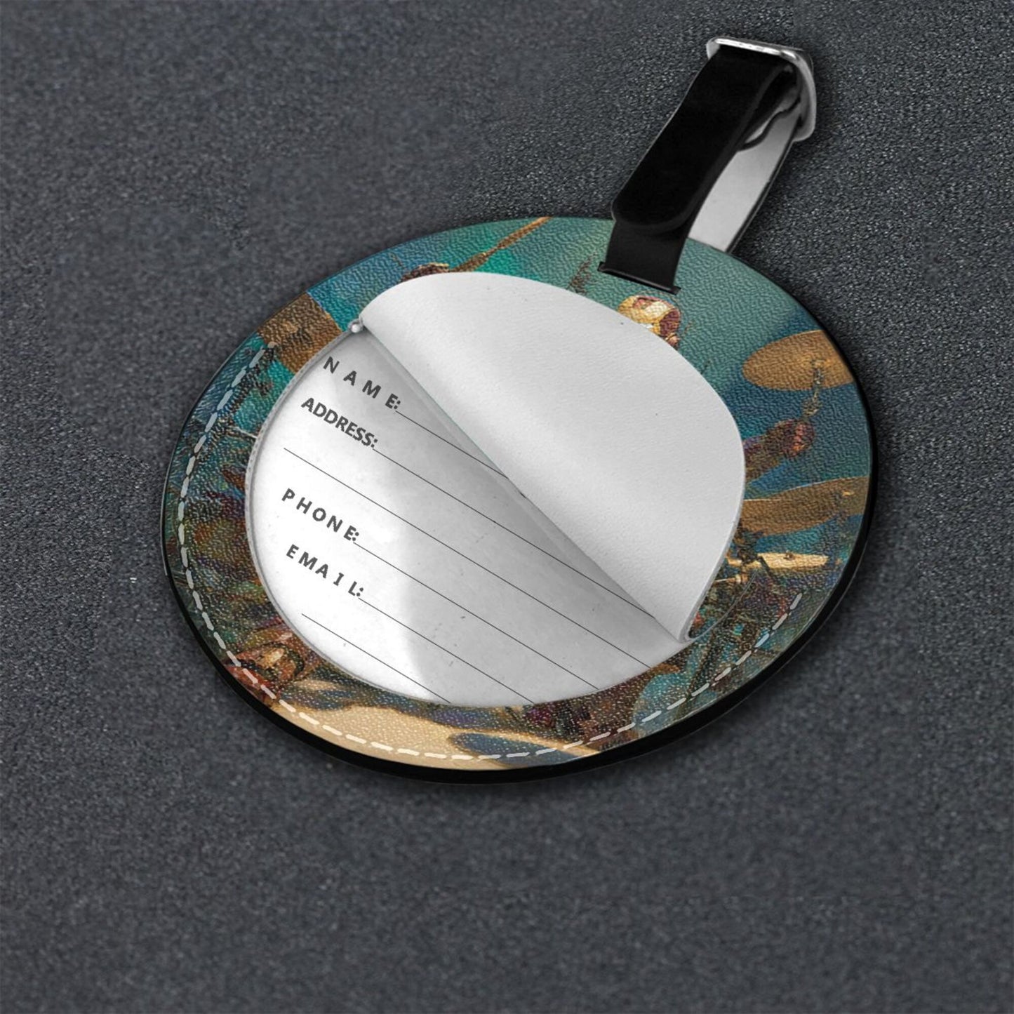 Round Leather Luggage Tag with Mechanical Hero Drummer Design – Travel Bag Identifier with Privacy Card – 3.7in / 9.8cm Rock & Sci-Fi Style