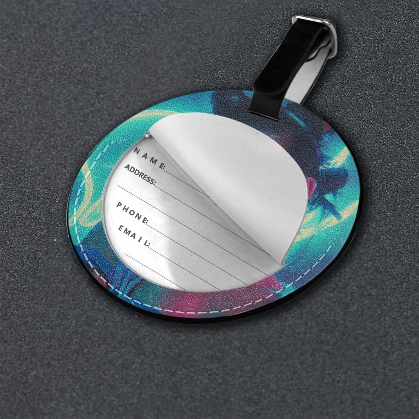 Round Leather Luggage Tag with Neon Cool Girl Portrait – Travel Bag Identifier with Privacy Card – 3.7in / 9.8cm Trendy Urban Art Style