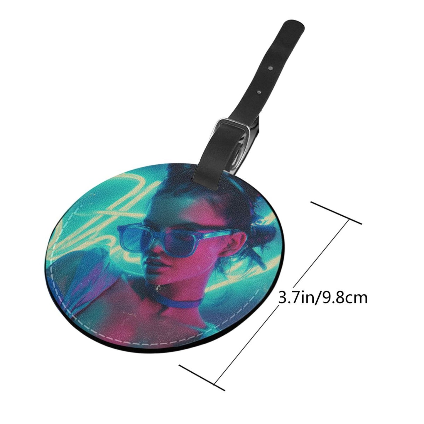 Round Leather Luggage Tag with Neon Cool Girl Portrait – Travel Bag Identifier with Privacy Card – 3.7in / 9.8cm Trendy Urban Art Style