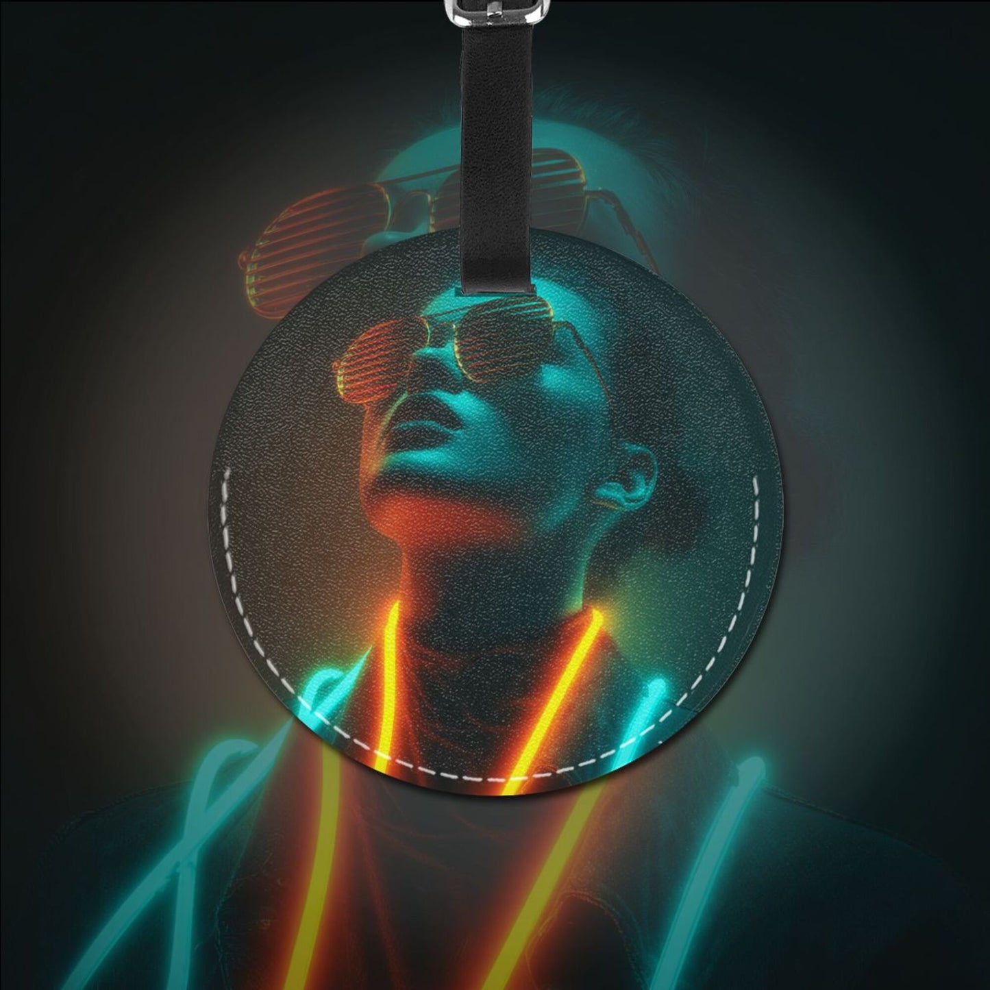 Round Leather Luggage Tag with Neon Cool Portrait Design – Travel Bag Identifier with Privacy Card – 3.7in / 9.8cm Cyberpunk Fashion Style