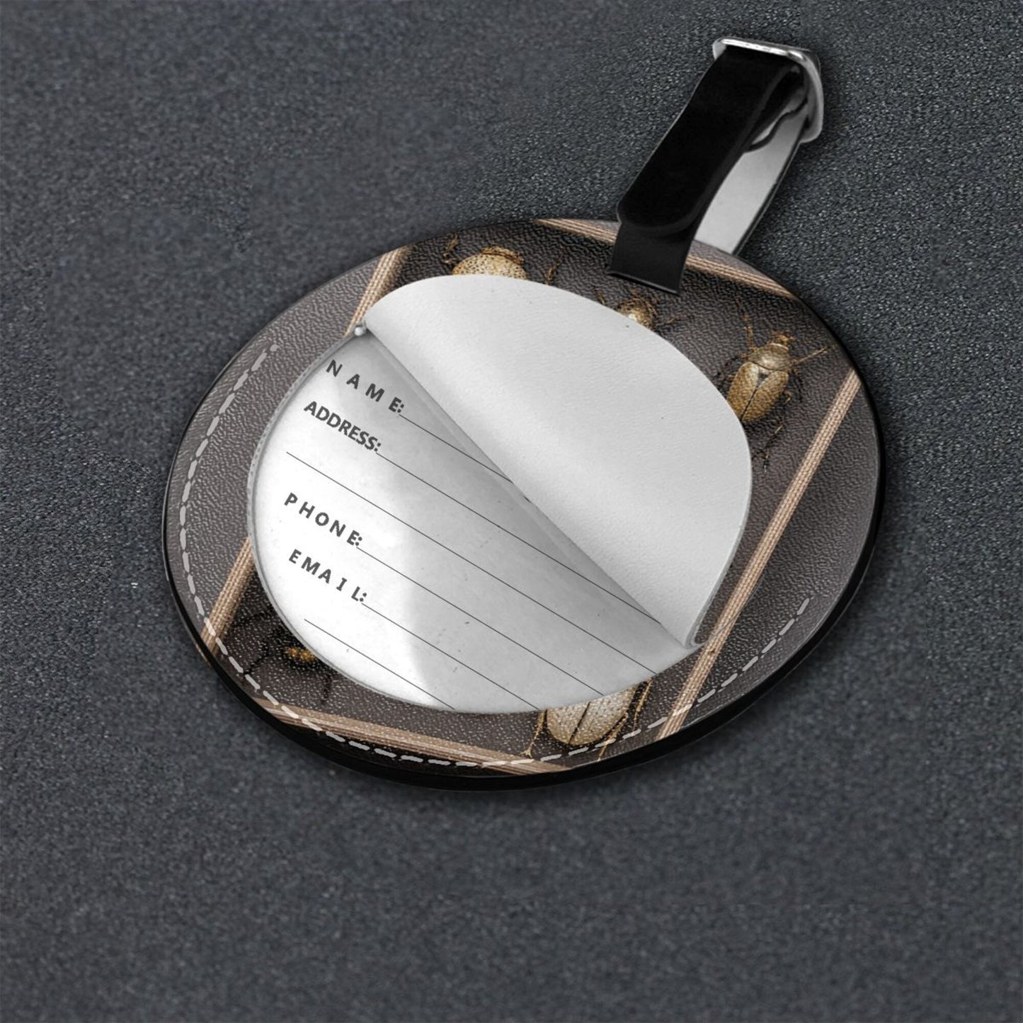 Round Leather Luggage Tag with Insect Specimen Design – Travel Bag Identifier with Privacy Card – 3.7in / 9.8cm Vintage Natural Style