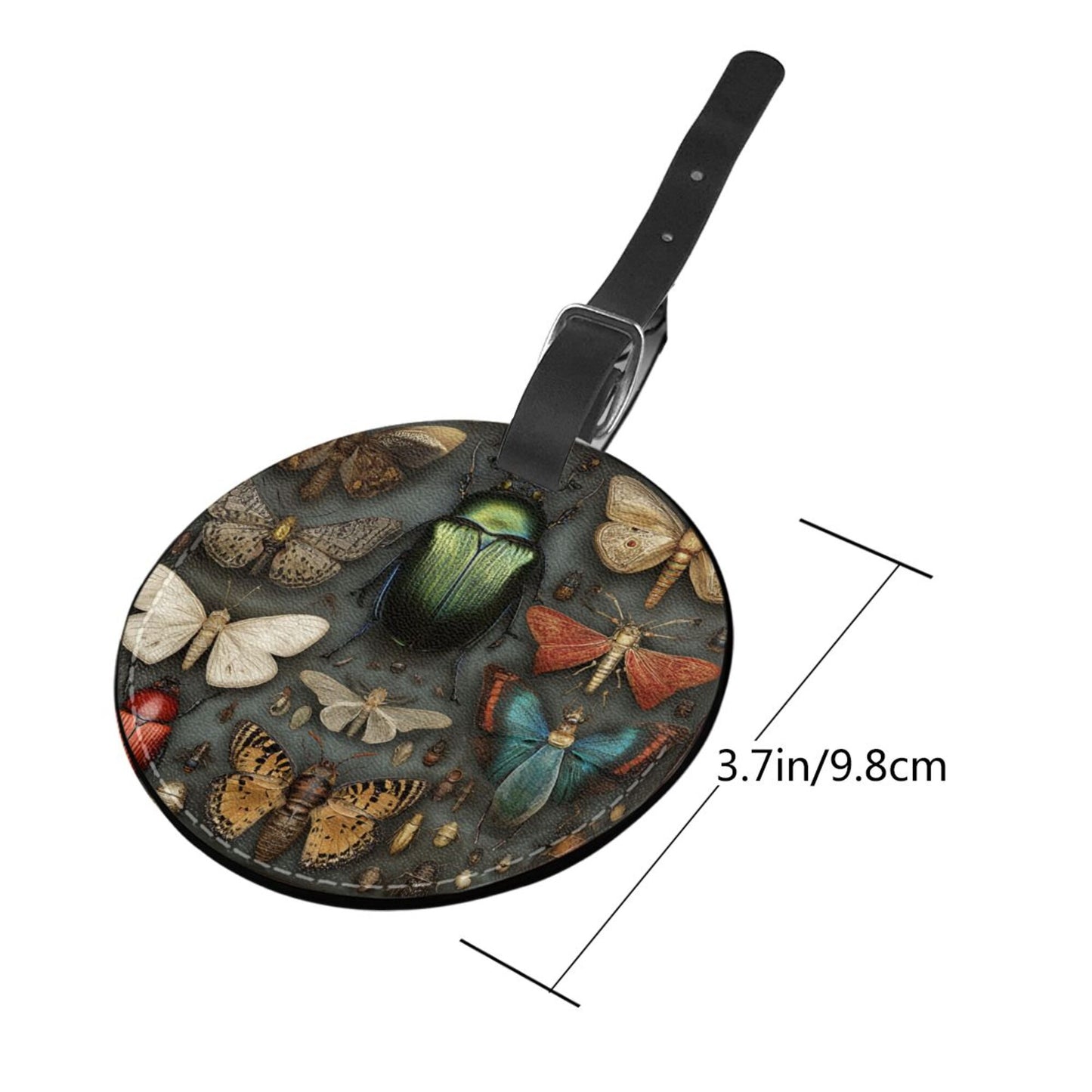 Round Leather Luggage Tag with Insect & Butterfly Specimen Art Design – Travel Bag Identifier with Privacy Card – 3.7in / 9.8cm Vintage Nature Style
