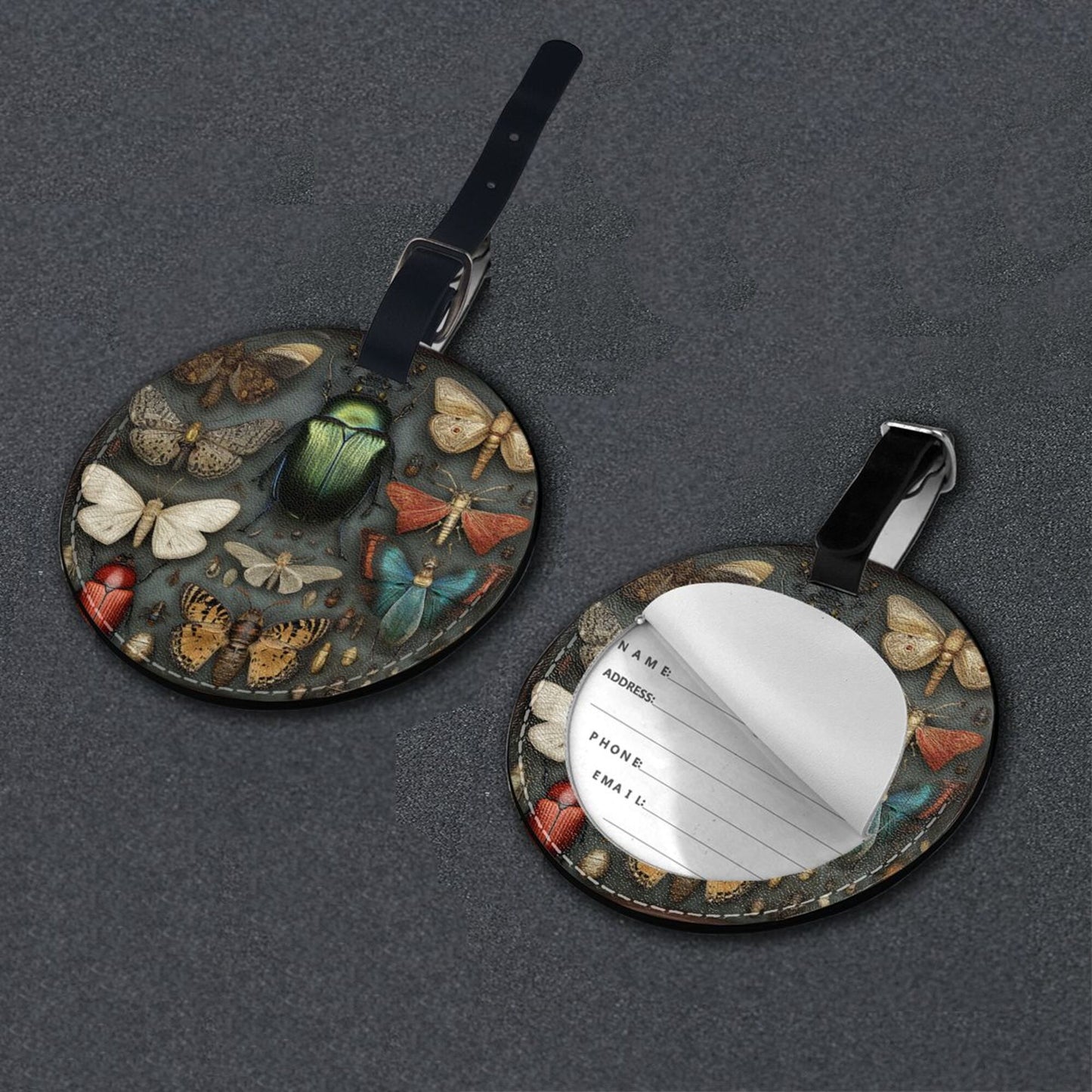 Round Leather Luggage Tag with Insect & Butterfly Specimen Art Design – Travel Bag Identifier with Privacy Card – 3.7in / 9.8cm Vintage Nature Style