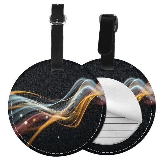 Round Leather Luggage Tag with Colorful Light Flow Design – PU Leather Travel Baggage Identifier with Adjustable Strap, 3.7in / 9.8cm