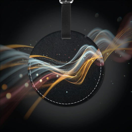 Round Leather Luggage Tag with Colorful Light Flow Design – PU Leather Travel Baggage Identifier with Adjustable Strap, 3.7in / 9.8cm