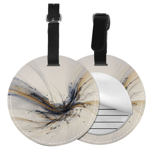 Premium Round Leather Luggage Tag – Abstract Black & Gold Flow Design Travel Bag Identifier with Privacy Info Card