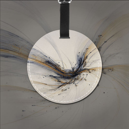 Premium Round Leather Luggage Tag – Abstract Black & Gold Flow Design Travel Bag Identifier with Privacy Info Card