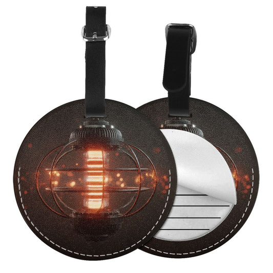 Round Leather Luggage Tag with Vintage Bulb Design – Travel Suitcase Bag Identifier with Privacy Information Card – 3.7in / 9.8cm