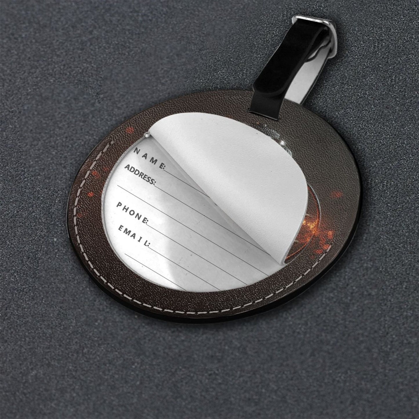 Round Leather Luggage Tag with Vintage Bulb Design – Travel Suitcase Bag Identifier with Privacy Information Card – 3.7in / 9.8cm