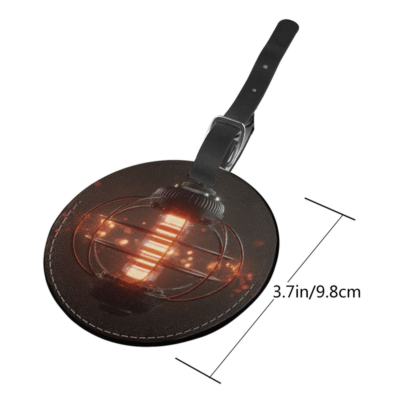 Round Leather Luggage Tag with Vintage Bulb Design – Travel Suitcase Bag Identifier with Privacy Information Card – 3.7in / 9.8cm