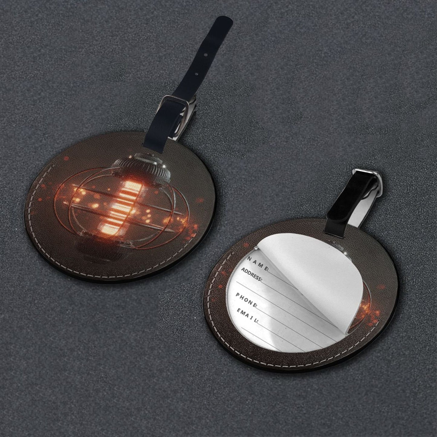 Round Leather Luggage Tag with Vintage Bulb Design – Travel Suitcase Bag Identifier with Privacy Information Card – 3.7in / 9.8cm