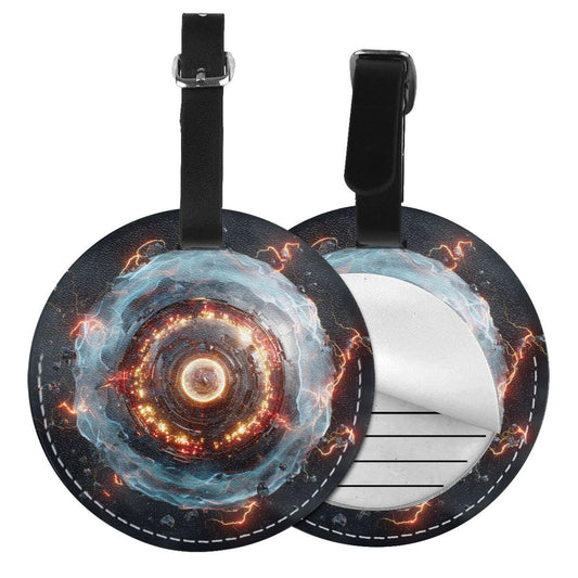Round Leather Luggage Tag with Energy Vortex Design – Travel Bag Identifier with Privacy Card – 3.7in / 9.8cm