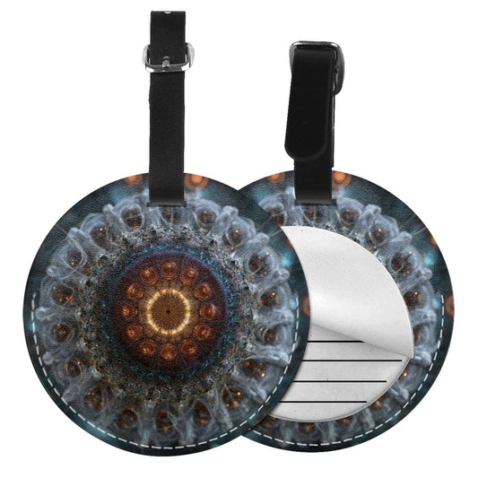 Round Leather Luggage Tag with Mandala Energy Design – Travel Suitcase Identifier with Privacy Card – 3.7in / 9.8cm Artistic Accessory