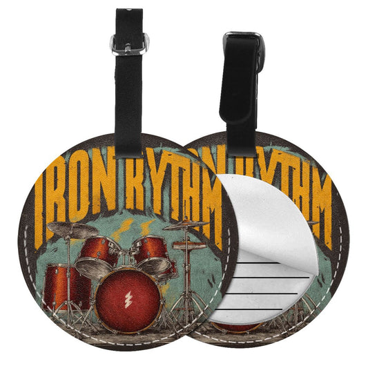 Round Leather Luggage Tag with Rock Drum Set Design – Travel Bag Identifier with Privacy Card – 3.7in / 9.8cm Vintage Music Style