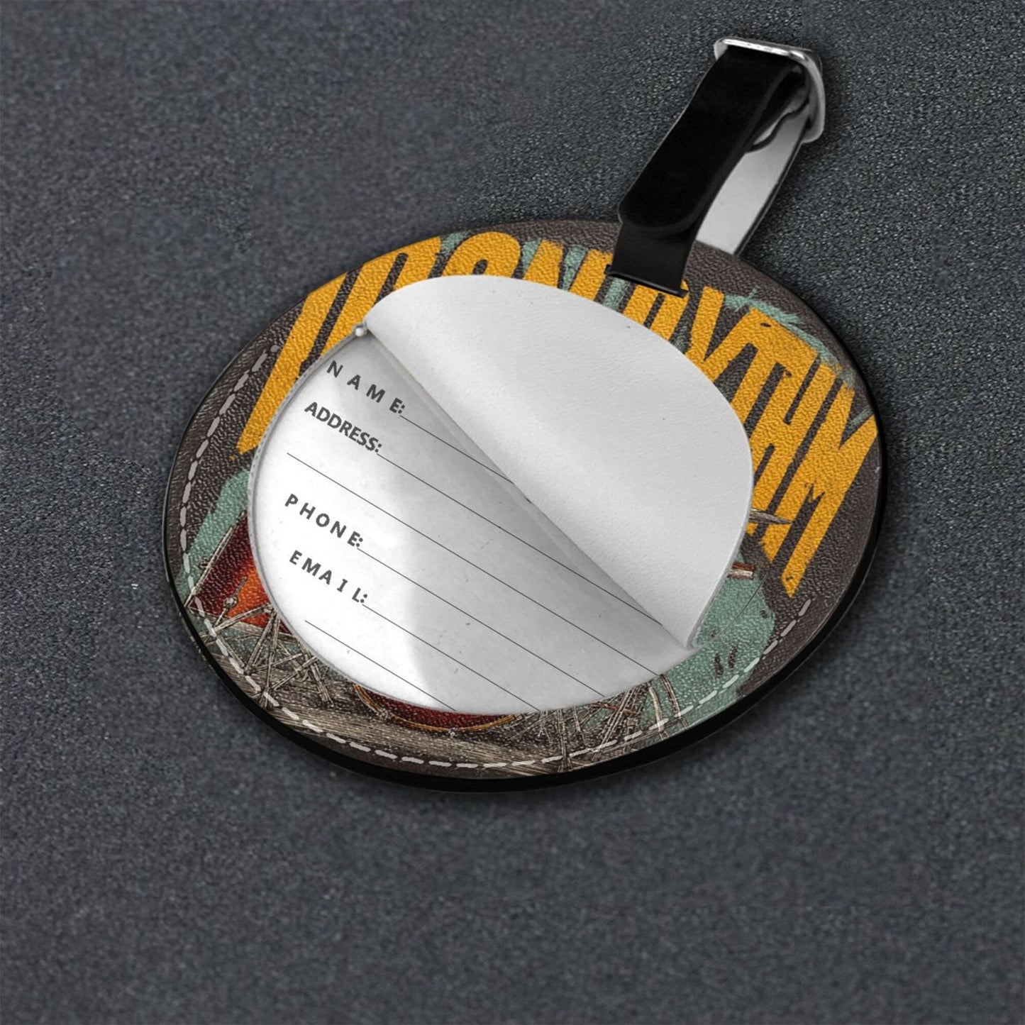 Round Leather Luggage Tag with Rock Drum Set Design – Travel Bag Identifier with Privacy Card – 3.7in / 9.8cm Vintage Music Style