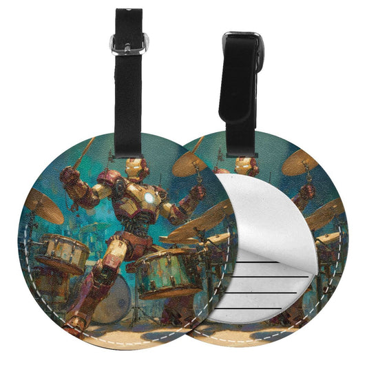 Round Leather Luggage Tag with Mechanical Hero Drummer Design – Travel Bag Identifier with Privacy Card – 3.7in / 9.8cm Rock & Sci-Fi Style