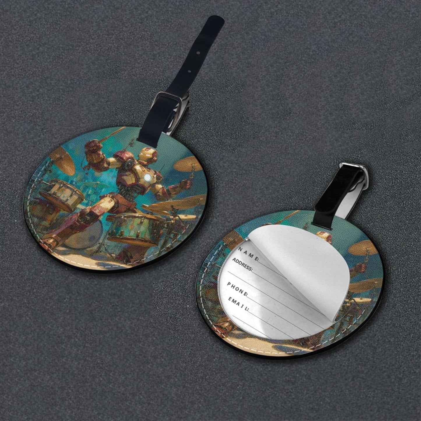 Round Leather Luggage Tag with Mechanical Hero Drummer Design – Travel Bag Identifier with Privacy Card – 3.7in / 9.8cm Rock & Sci-Fi Style