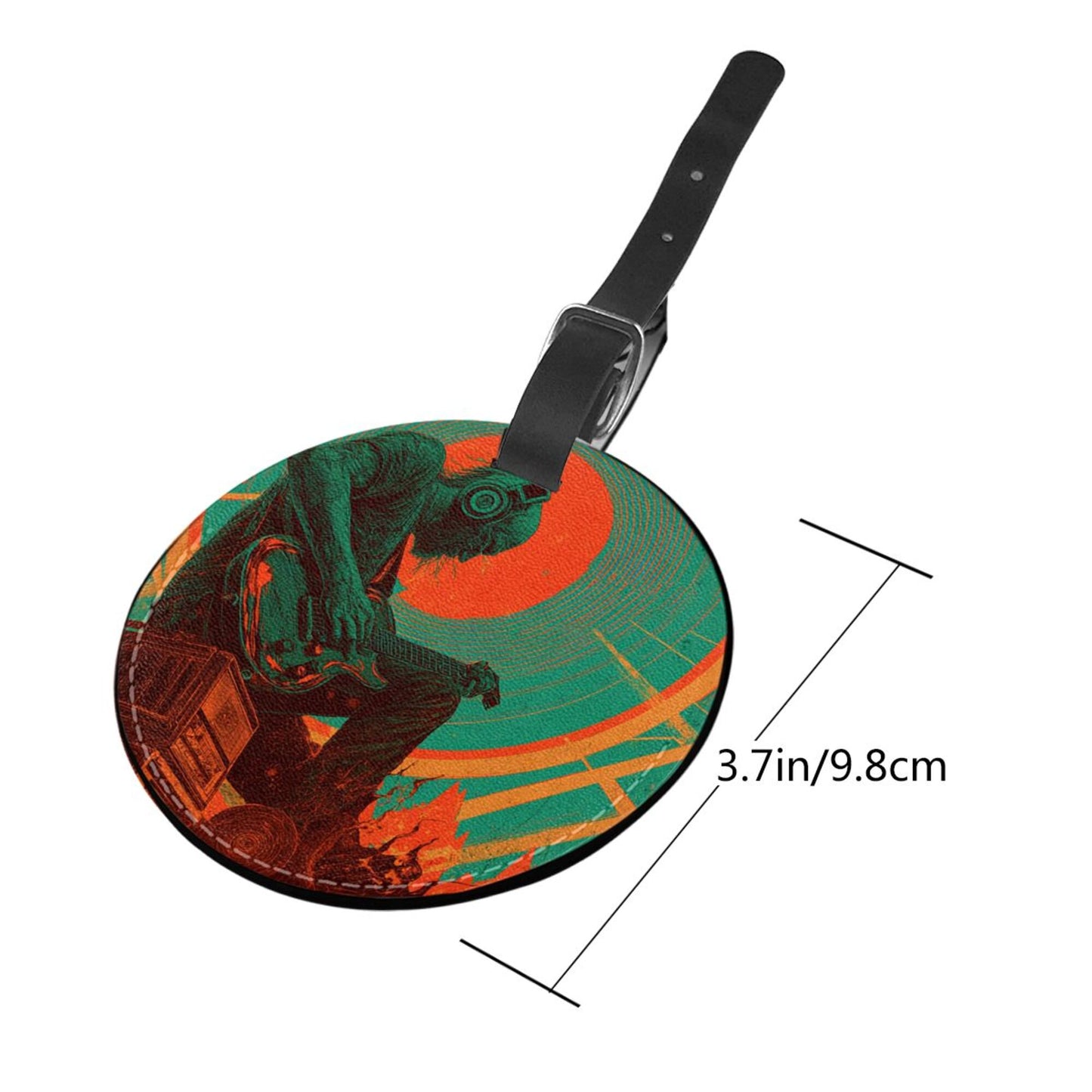 Round Leather Luggage Tag with Rock Guitarist Design – Travel Bag Identifier with Privacy Card – 3.7in / 9.8cm Music & Rock Style