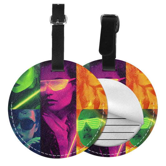 Round Leather Luggage Tag with Neon Pop Art Collage Design – Travel Bag Identifier with Privacy Card – 3.7in / 9.8cm Trendy Retro Style