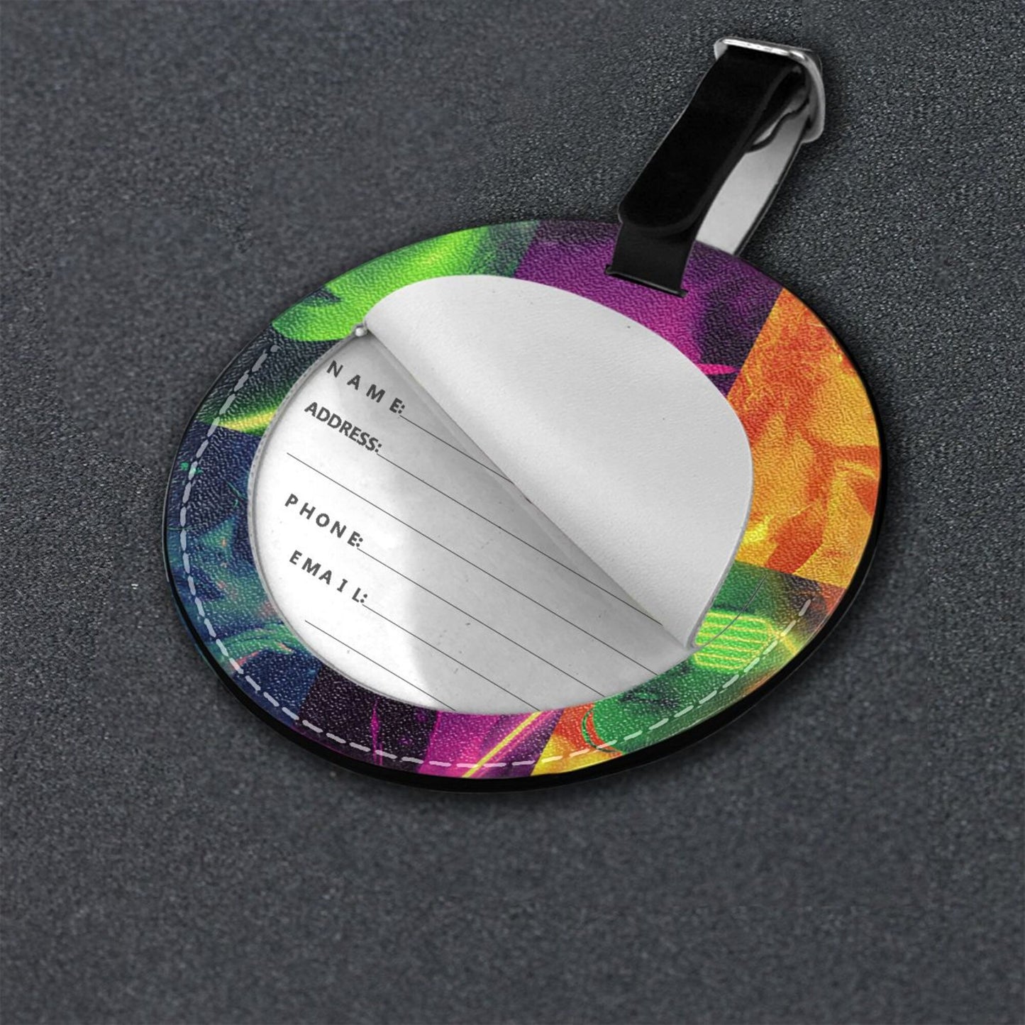 Round Leather Luggage Tag with Neon Pop Art Collage Design – Travel Bag Identifier with Privacy Card – 3.7in / 9.8cm Trendy Retro Style