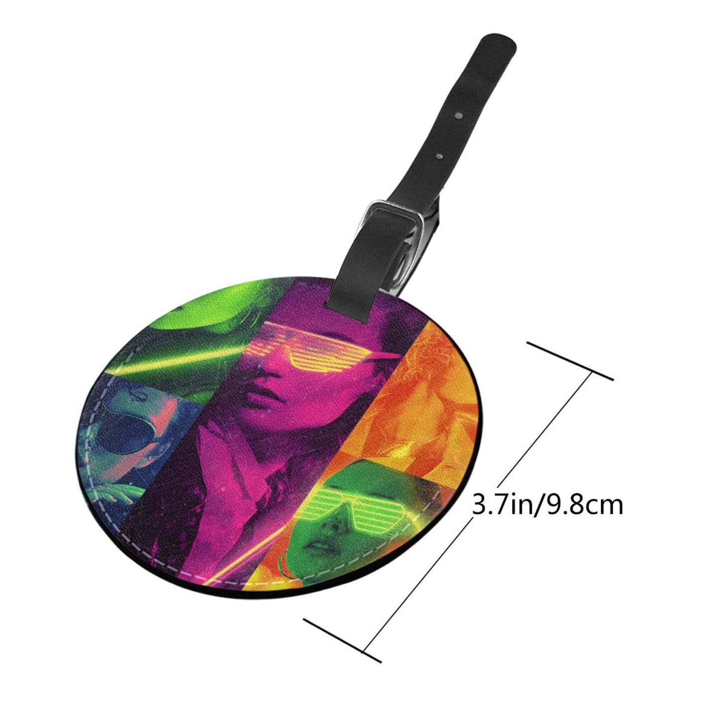 Round Leather Luggage Tag with Neon Pop Art Collage Design – Travel Bag Identifier with Privacy Card – 3.7in / 9.8cm Trendy Retro Style