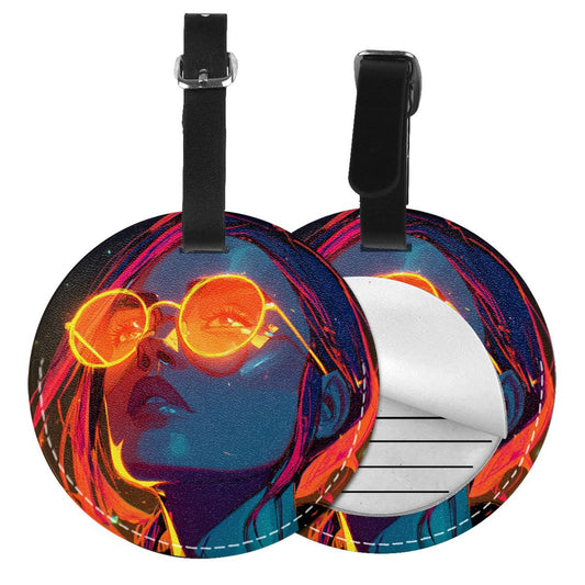 Round Leather Luggage Tag with Neon Girl Portrait Design – Travel Bag Identifier with Privacy Card – 3.7in / 9.8cm Cyberpunk Art Style