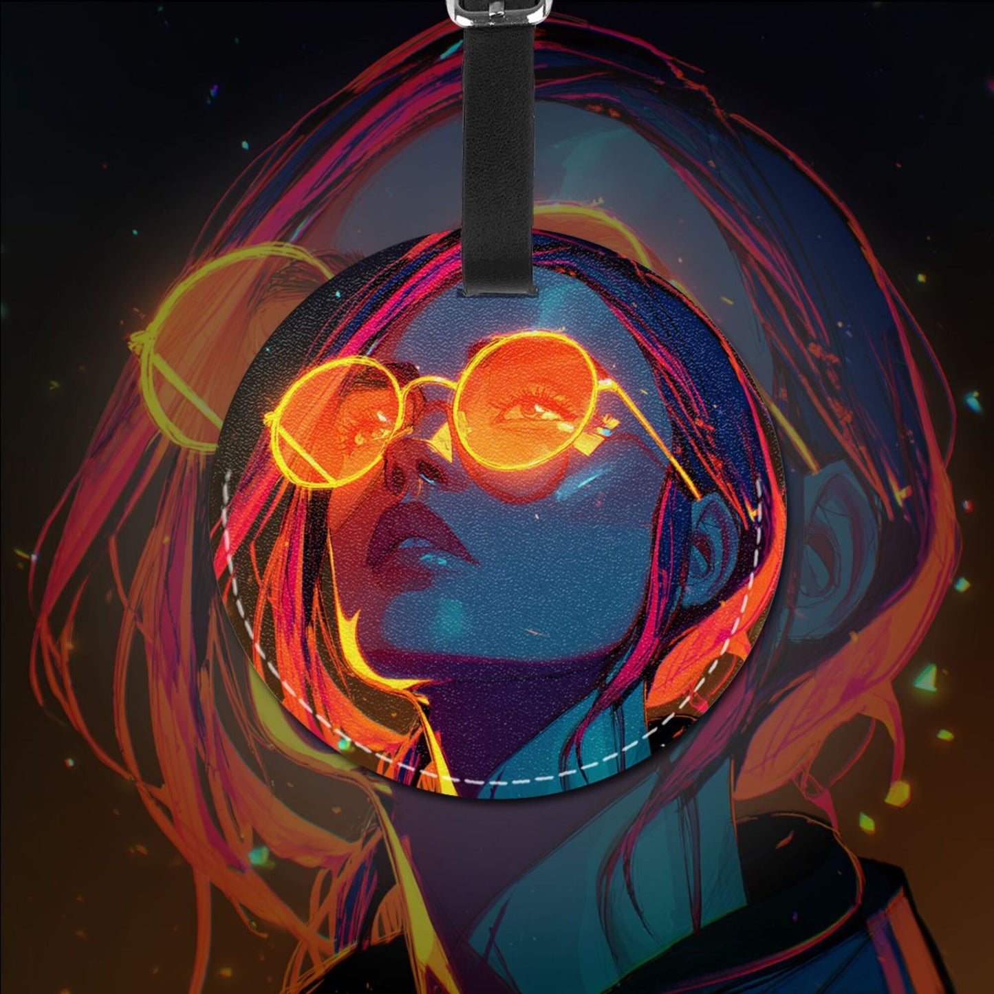 Round Leather Luggage Tag with Neon Girl Portrait Design – Travel Bag Identifier with Privacy Card – 3.7in / 9.8cm Cyberpunk Art Style