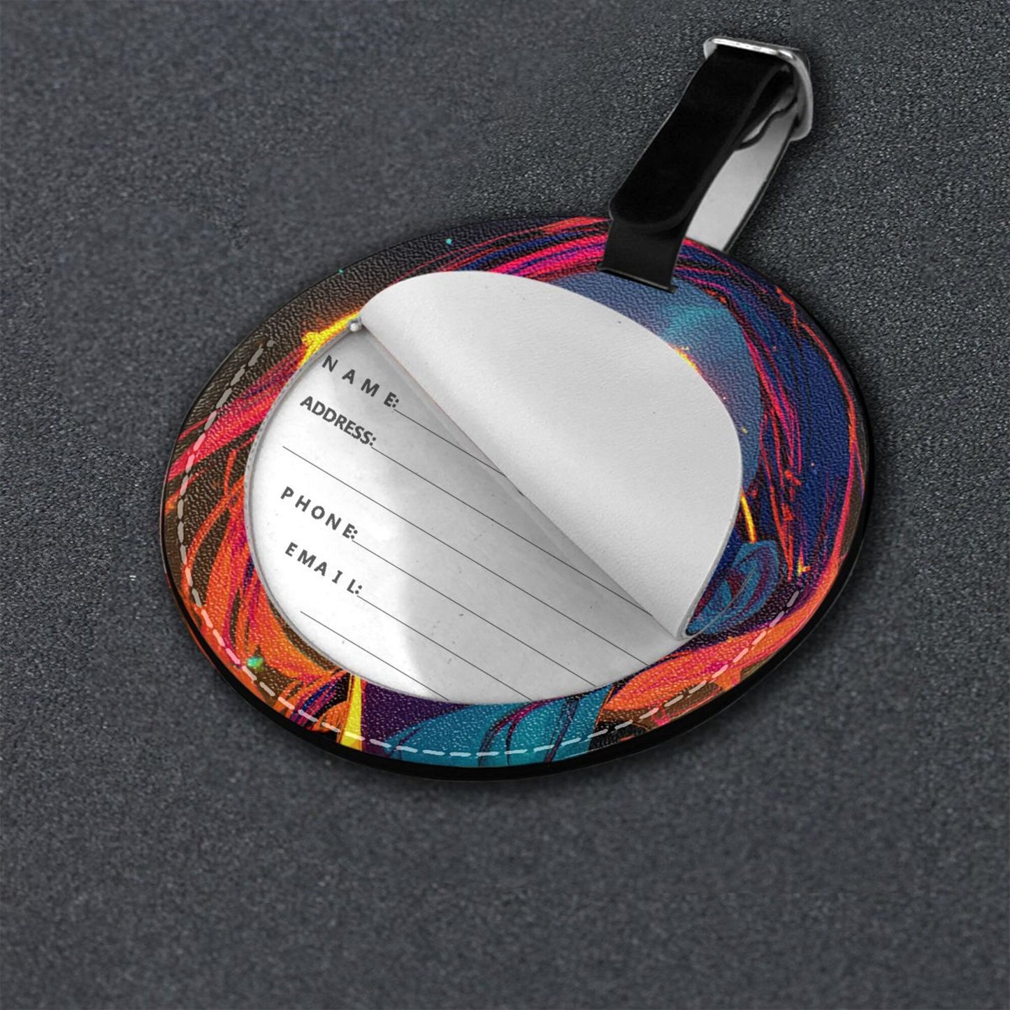 Round Leather Luggage Tag with Neon Girl Portrait Design – Travel Bag Identifier with Privacy Card – 3.7in / 9.8cm Cyberpunk Art Style