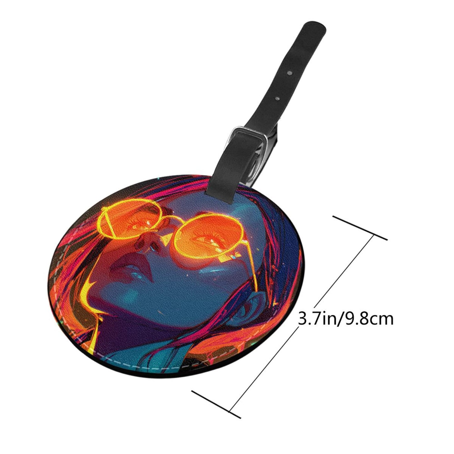 Round Leather Luggage Tag with Neon Girl Portrait Design – Travel Bag Identifier with Privacy Card – 3.7in / 9.8cm Cyberpunk Art Style