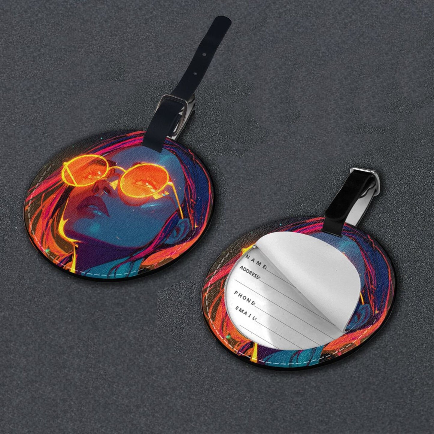 Round Leather Luggage Tag with Neon Girl Portrait Design – Travel Bag Identifier with Privacy Card – 3.7in / 9.8cm Cyberpunk Art Style