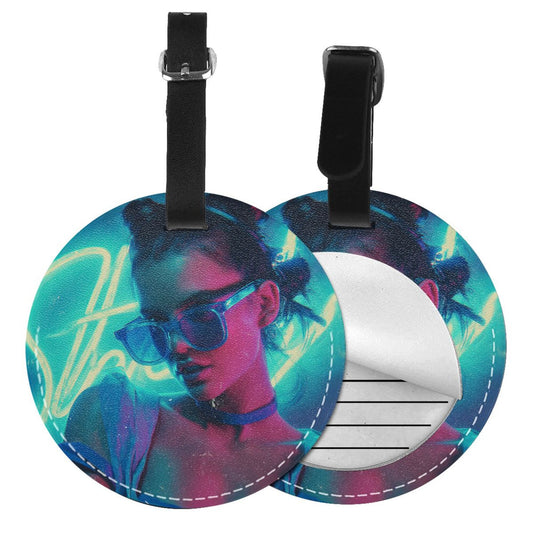 Round Leather Luggage Tag with Neon Cool Girl Portrait – Travel Bag Identifier with Privacy Card – 3.7in / 9.8cm Trendy Urban Art Style