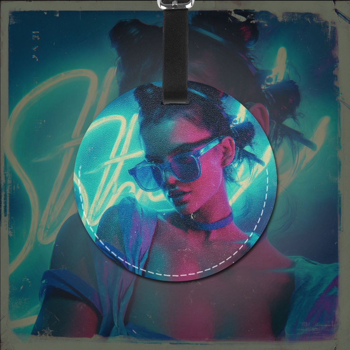 Round Leather Luggage Tag with Neon Cool Girl Portrait – Travel Bag Identifier with Privacy Card – 3.7in / 9.8cm Trendy Urban Art Style
