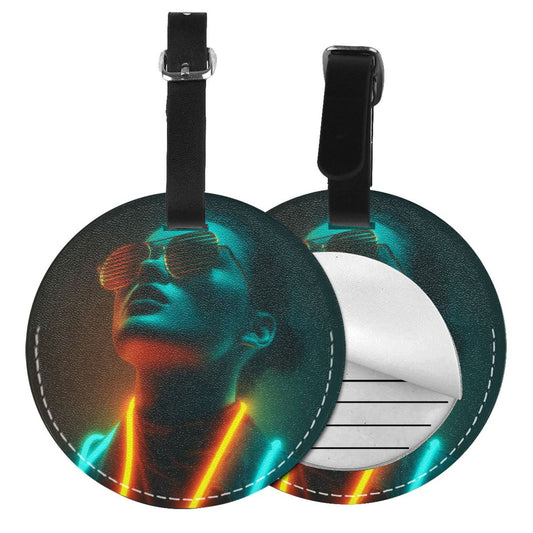 Round Leather Luggage Tag with Neon Cool Portrait Design – Travel Bag Identifier with Privacy Card – 3.7in / 9.8cm Cyberpunk Fashion Style