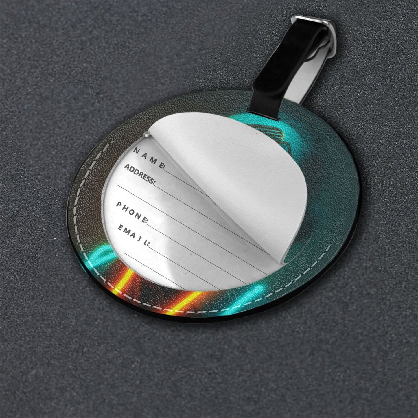 Round Leather Luggage Tag with Neon Cool Portrait Design – Travel Bag Identifier with Privacy Card – 3.7in / 9.8cm Cyberpunk Fashion Style