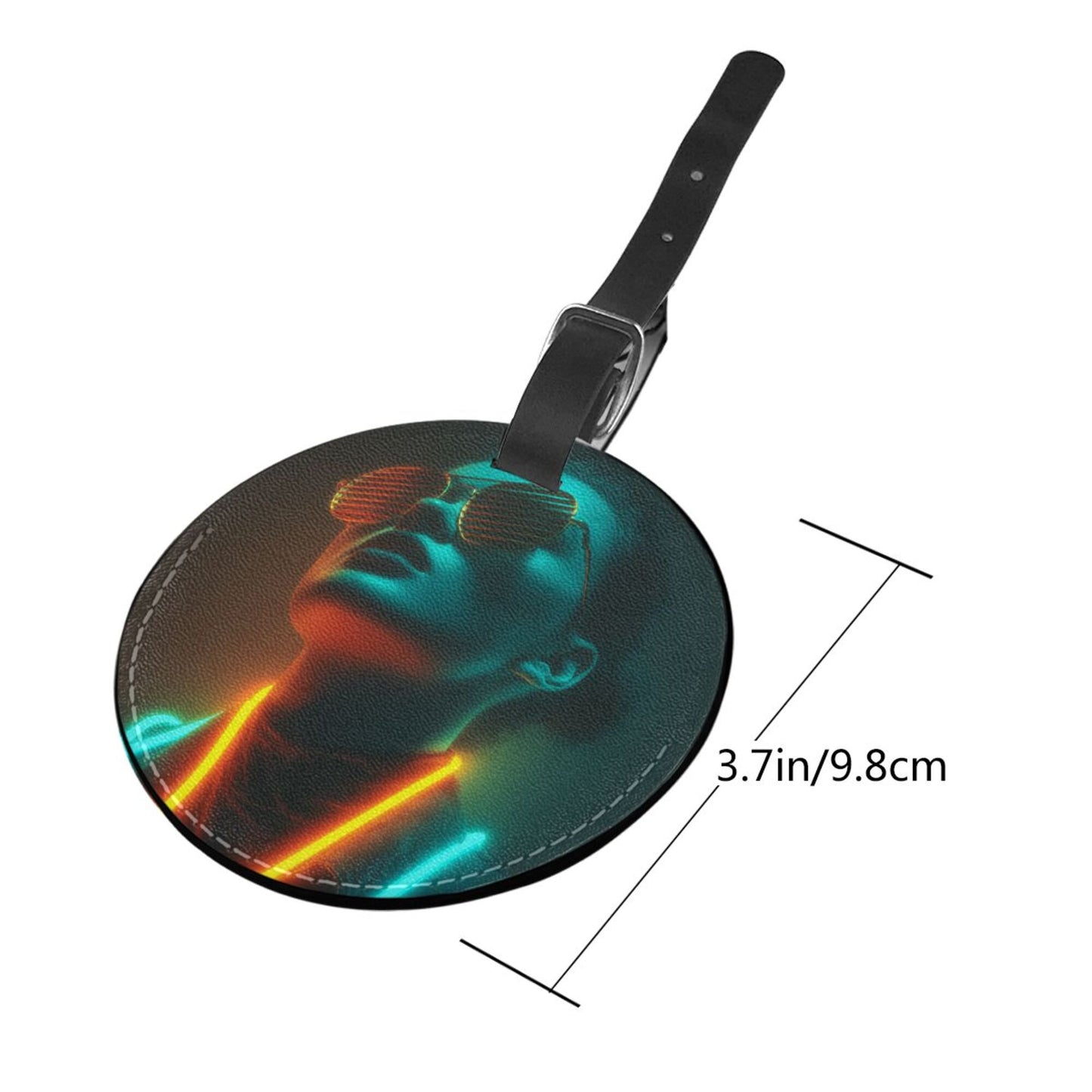 Round Leather Luggage Tag with Neon Cool Portrait Design – Travel Bag Identifier with Privacy Card – 3.7in / 9.8cm Cyberpunk Fashion Style