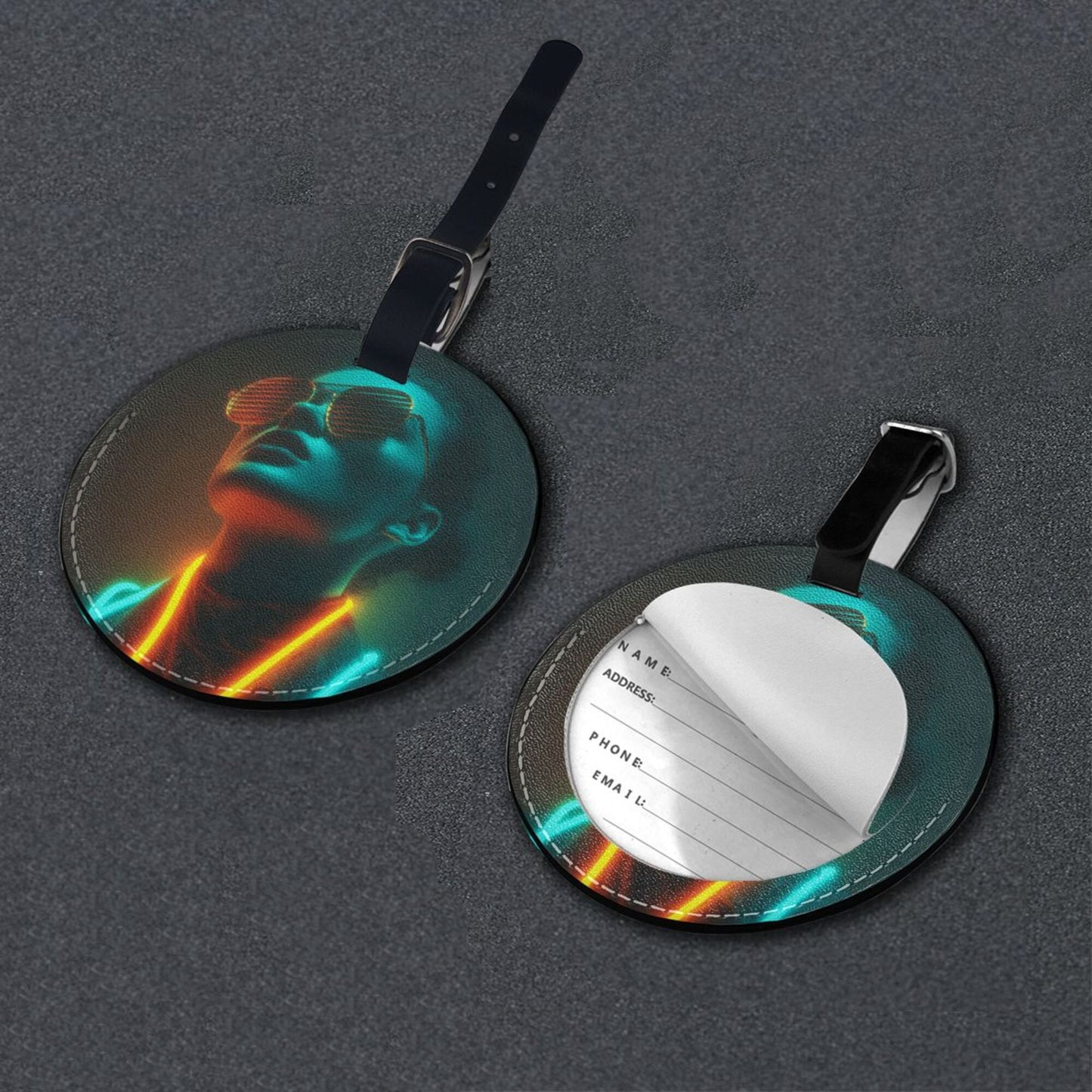 Round Leather Luggage Tag with Neon Cool Portrait Design – Travel Bag Identifier with Privacy Card – 3.7in / 9.8cm Cyberpunk Fashion Style