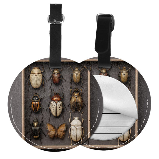 Round Leather Luggage Tag with Insect Specimen Design – Travel Bag Identifier with Privacy Card – 3.7in / 9.8cm Vintage Natural Style