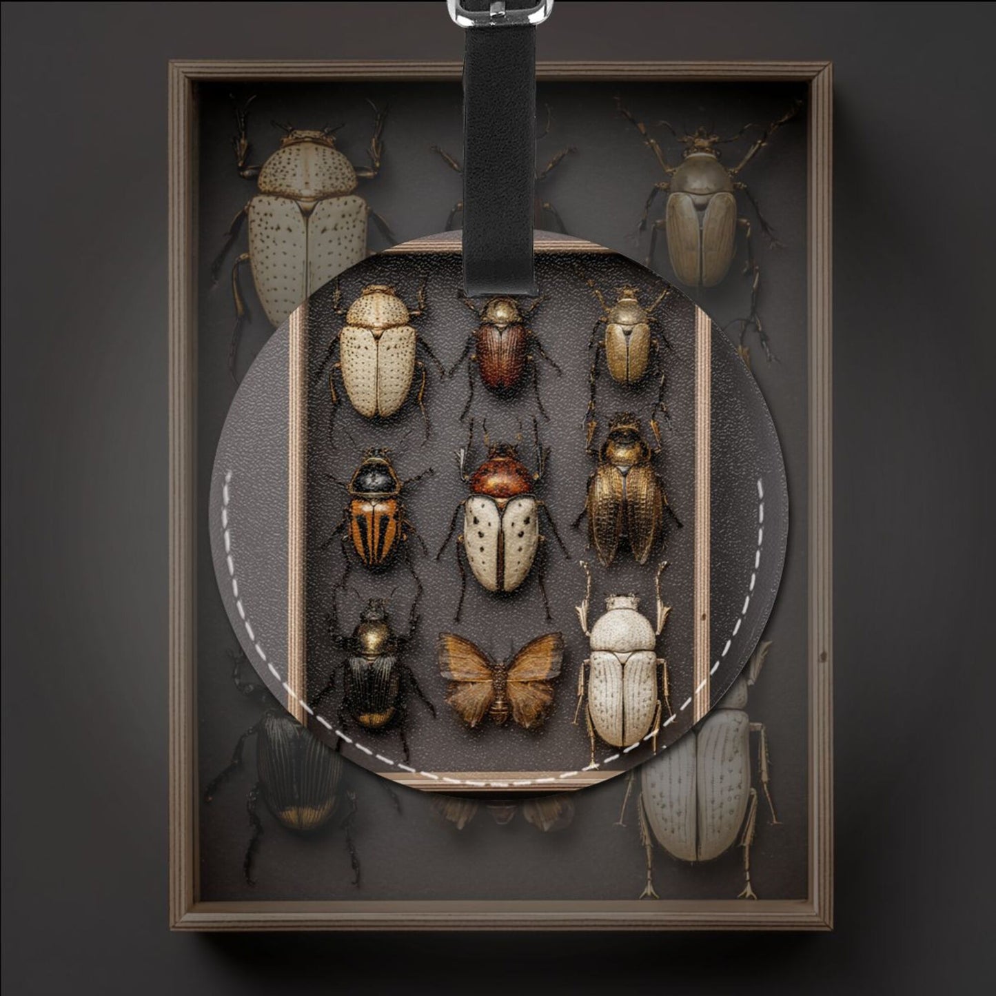 Round Leather Luggage Tag with Insect Specimen Design – Travel Bag Identifier with Privacy Card – 3.7in / 9.8cm Vintage Natural Style