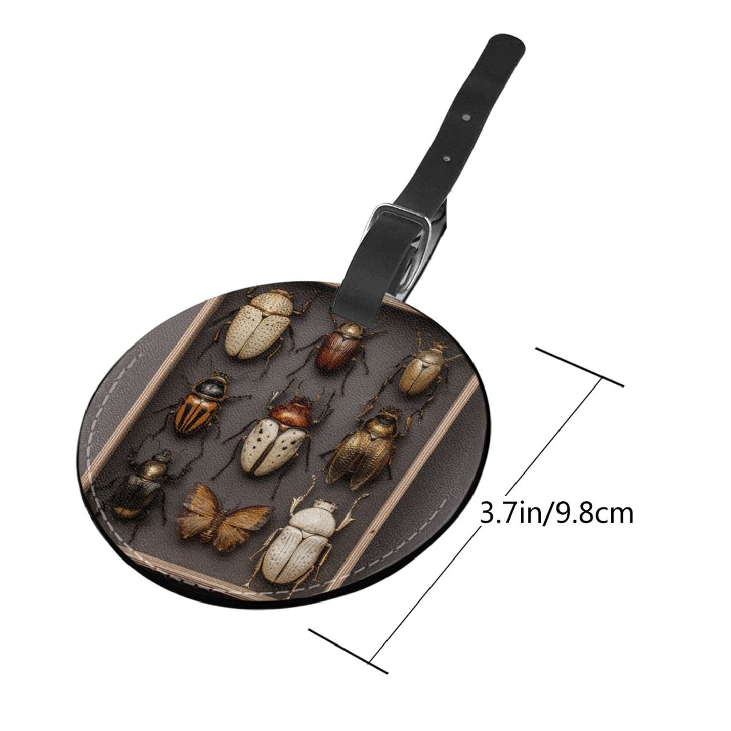 Round Leather Luggage Tag with Insect Specimen Design – Travel Bag Identifier with Privacy Card – 3.7in / 9.8cm Vintage Natural Style
