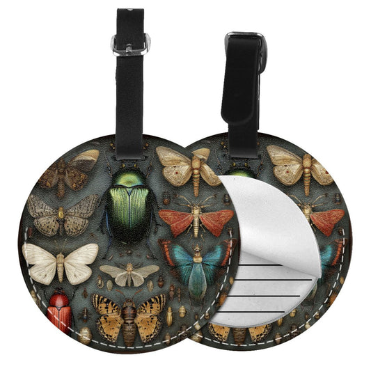 Round Leather Luggage Tag with Insect & Butterfly Specimen Art Design – Travel Bag Identifier with Privacy Card – 3.7in / 9.8cm Vintage Nature Style
