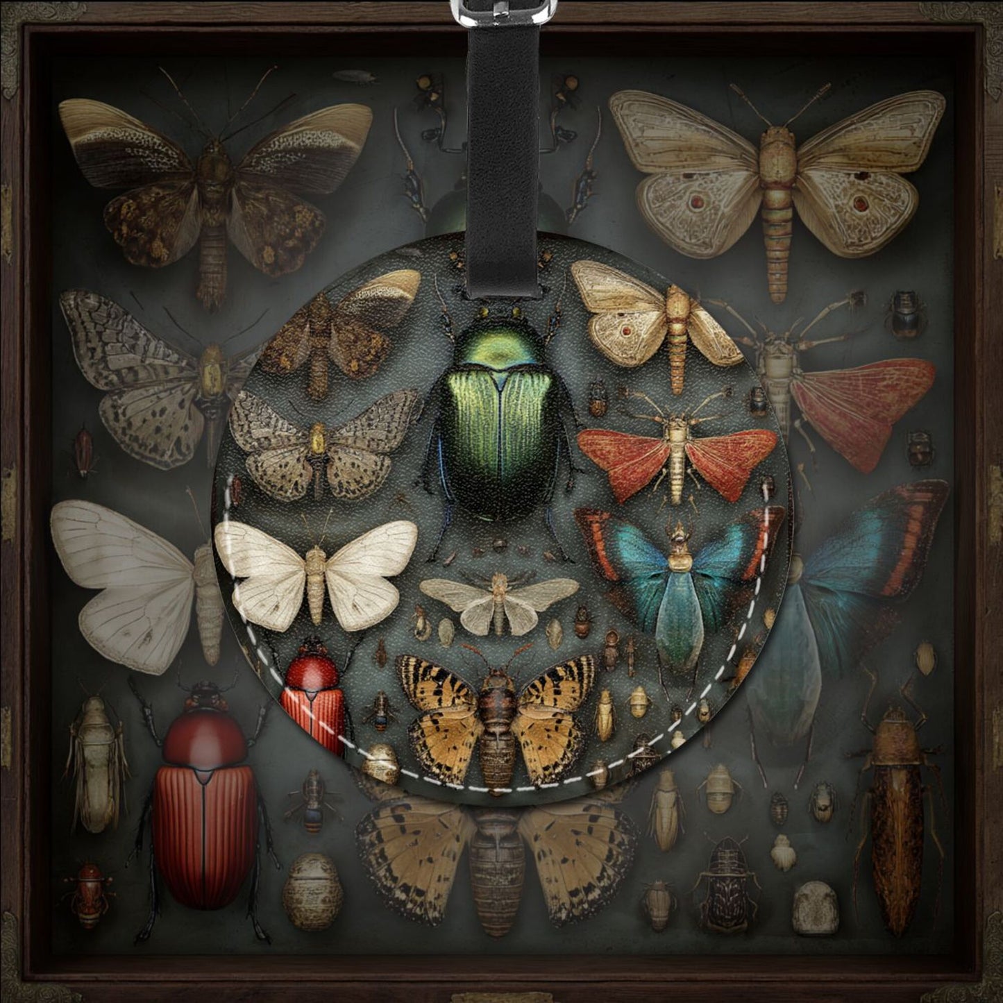 Round Leather Luggage Tag with Insect & Butterfly Specimen Art Design – Travel Bag Identifier with Privacy Card – 3.7in / 9.8cm Vintage Nature Style